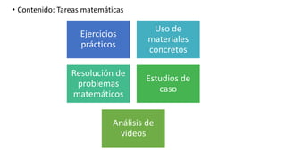 • Contenido: Tareas matemáticas
Ejercicios
prácticos
Uso de
materiales
concretos
Resolución de
problemas
matemáticos
Estudios de
caso
Análisis de
videos
 