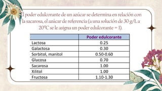 El poder edulcorante de un azúcar se determina en relación con
la sacarosa, el azúcar de referencia (a una solución de 30 g/L a
20ºC se le asigna un poder edulcorante = 1).
 