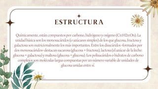 Químicamente, están compuestos por carbono, hidrógeno y oxígeno (Cn:H2n:On). La
unidad básica son los monosacáridos (o azúcares simples) de los que glucosa, fructosa y
galactosa son nutricionalmente los más importantes. Entre los disacáridos ‐formados por
dos monosacáridos‐ destacan sacarosa (glucosa + fructosa), lactosa (el azúcar de la leche:
glucosa + galactosa) y maltosa (glucosa + glucosa). Los polisacáridos o hidratos de carbono
complejos son moléculas largas compuestas por un número variable de unidades de
glucosa unidas entre sí.
ESTRUCTURA
 