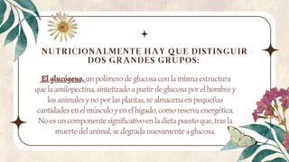 El glucógeno, un polímero de glucosa con la misma estructura
que la amilopectina, sintetizado a partir de glucosa por el hombre y
los animales y no por las plantas, se almacena en pequeñas
cantidades en el músculo y en el hígado, como reserva energética.
No es un componente significativo en la dieta puesto que, tras la
muerte del animal, se degrada nuevamente a glucosa.
NUTRICIONALMENTE HAY QUE DISTINGUIR
DOS GRANDES GRUPOS:
 