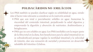 POLISACÁRIDOS NO AMILÁCEOS
Los PNA también se pueden clasificar según su solubilidad en agua, siendo
éste el factor más relevante a considerar en la nutrición animal:
PNA que son total o parcialmente solubles en agua: Aumentan la
viscosidad del contenido intestinal, perjudicando la salud digestiva y
empeorando la digestión y absorción de nutrientes. Arabinoxilanos y
betaglucanos.
PNA que no son solubles en agua: Los PNA insolubles son la mayor parte
de la fibra total en la dieta. Son beneficiosos para la salud intestinal (si no
se sobredosifican) porque regulan la motilidad intestinal y la velocidad
de tránsito, dan una sensación de saciedad y promueven un desarrollo
saludable del intestino. Celulosa.
 