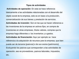 Tipos de actividades
Actividades de operación: En esta se hace referencia
básicamente a las actividades relacionadas con el desarrollo del
objeto social de la empresa, esto es en base a la producción,
comercialización de sus bienes y prestación de servicios.
Actividades de inversión: Son en las que se hacen referencia a
las inversiones de la empresa en activos fijos, en compra de
inversiones en otras empresas, títulos valores, compras que la
empresa haga diferentes a los inventarios y a gastos.
Actividades de financiación: Aquí por ejemplo se hace
referencia a la adquisición de recursos para la empresa, que bien
puede ser de terceros [pasivos] o de sus socios [patrimonio].
Excluyendo los pasivos que corresponden a las actividades de
operación, eso es proveedores, pasivos laborales, impuestos,
etc.
 