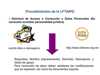 Requisitos: Nombre (representante), Domicilio, Descripción, y
Datos de apoyo.
Para corrección de datos deben señalarse las modificaciones
que se requieren, así como los documentos soporte.
http://www.infomex.org.mxescrito libre o mensajería
Procedimientos de la LFTAIPG
 Solicitud de Acceso o Corrección a Datos Personales (Es
necesario acreditar personalidad jurídica)
 
