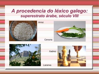 A procedencia do léxico galego: 
superestrato árabe, século VIII 
 j Arroz 
Cenoria 
Xadrez 
Laranxa 
 