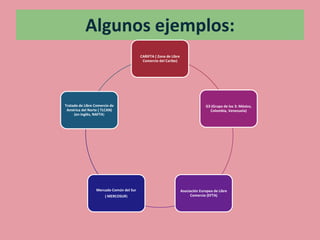 Algunos ejemplos:
                                          CARIFTA ( Zona de Libre
                                           Comercio del Caribe)




Tratado de Libre Comercio de                                                      G3 (Grupo de los 3: México,
 América del Norte ( TLCAN)                                                         Colombia, Venezuela)
     (en inglés, NAFTA)




                  Mercado Común del Sur                             Asociación Europea de Libre
                       ( MERCOSUR)                                       Comercio (EFTA)
 