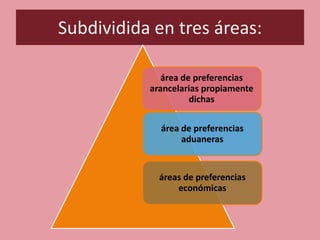 Subdividida en tres áreas:

              área de preferencias
           arancelarias propiamente
                     dichas

             área de preferencias
                  aduaneras


             áreas de preferencias
                 económicas
 