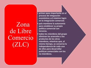 • primer paso importante en el
             proceso de integración
             económica y el máximo logro
             en la integración comercial.

  Zona     • país mantiene la autonomía
             para establecer su propia
             política comercial con
de Libre     terceros.
           • todos los miembros del grupo

Comercio     eliminan los aranceles a los
             productos de los otros
             miembros, mientras que, al
 (ZLC)       mismo tiempo, se conserva la
             independencia de cada uno
             de ellos para desarrollar
             políticas comerciales con los
             no miembros.
 