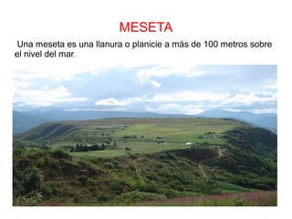 MESETA
Una meseta es una llanura o planicie a más de 100 metros sobre
el nivel del mar.
 