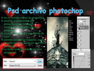  es un formato nativo de photoshop
 permite guardar todas las
  presentaciones, retoques,
  creaciones realizadas con este
  programa.
 Guarda los archivos con 48 bits de
  color
 permite almacenar todas las capas,
  canales etc. que exista en el archivo
  de imagen
 no tiene compatibilidad con otros
  programas
 