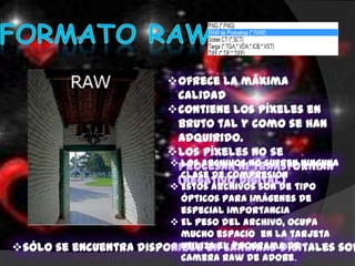 ofrece la máxima
                         calidad
                        contiene los píxeles en
                         bruto tal y como se han
                         adquirido.
                        los píxeles no se
                        procesan nino sufren ninguna
                          Los archivos transforman
                          clase de compresión
                         (negativo digital) tipo
                         Estos archivos son de
                          ópticos para imágenes de
                          especial importancia
                         El peso del archivo, ocupa
                          mucho espacio en la tarjeta
                         Utiliza el programa de
sólo se encuentra disponible en cámaras digitales sof
                          camera Raw de Adobe.
 