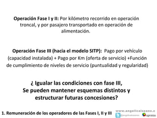 Operación Fase I y II: Por kilómetro recorrido en operación 
        troncal, y por pasajero transportado en operación de 
                              alimentación. 


     Operación Fase III (hacia el modelo SITP):  Pago por vehículo 
  (capacidad instalada) + Pago por Km (oferta de servicio) +Función 
  de cumplimiento de niveles de servicio (puntualidad y regularidad)


              ¿ Igualar las condiciones con fase III,
           Se pueden mantener esquemas distintos y
                estructurar futuras concesiones?

                                                             www.angelicalozano.c
1. Remuneración de los operadores de las Fases I, II y III   o m@angelicalozanoc
 