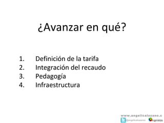 ¿Avanzar en qué?

1.   Definición de la tarifa
2.   Integración del recaudo
3.   Pedagogía
4.   Infraestructura



                               www.angelicalozano.c
                               o m@angelicalozanoc
 