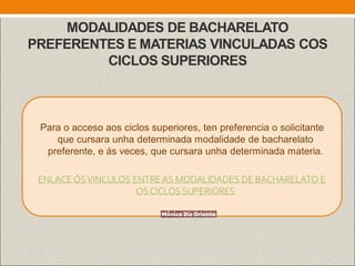 MODALIDADES DE BACHARELATO
PREFERENTES E MATERIAS VINCULADAS COS
CICLOS SUPERIORES
Para o acceso aos ciclos superiores, ten preferencia o solicitante
que cursara unha determinada modalidade de bacharelato
preferente, e ás veces, que cursara unha determinada materia.
ENLACE ÓSVINCULOS ENTRE AS MODALIDADES DE BACHARELATO E
OS CICLOS SUPERIORES
 
