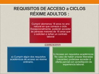 REQUISITOS DE ACCESO a CICLOS
RÉXIME ADULTOS :
Cumprir alomenos 18 anos no ano
natural en que comeza o ciclo.
Excepcionalmente, poderán acceder
as persoas maiores de 16 anos que
o soliciten e teñan un contrato
laboral
a) Cumprir algún dos requisitos
académicos de acceso ao réxime
ordinario.
b) Acceso sin requisitos académicos:
No caso de haber prazas liberadas
(vacantes) poderase acceder á
oferta parcial con acreditación de
experiencia laboral.
 