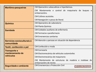 Marítimo-pesqueiras CM Operacións subacuáticas e hiperbáricas.
CM Mantemento e control de maquinaria de buques e
embarcacións.
CM Cultivos acuícolas.
CM Navegación e pesca de litoral.
Química CM Operacións de Laboratorio
CM Planta Química
Sanidade CM Coidados auxiliares de enfermería
CM Farmacia e parafarmacia
CM Emerxencias sanitarias
Servicios socioculturais á
comunidade
CM Atención a persoas en situación de dependencia
Textil, confección e pel CM Confección e moda
Transporte e
mantenemento de
vehículos
CM Carrozaría
CM Electromecánica de vehículos automóviles
CM Electromecánica de maquinaria
CM Mantemento de estruturas de madeira e moblaxe de
embarcacións de recreo
Seguridade e ambiente CM Emerxencias e Protección Civil
 