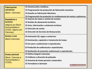 Fabricación
mecánica
(Bach. Ciencias)
CS Construccións metálicas.
CS Programación da producción de fabricación mecánica.
CS Deseño en Fabricación Mecánica.
CS Programación da produción en moldeamento de metais e polímeros.
Hostalería e
turismo
(Algúns por Bach.
Humanidades e
CCSS / algúns por
Ciencias)
CS Axencia de viaxes e xestión de eventos
CS Xestión de aloxamento turísticos
CS Guia, información e asistencia turísticas
CS Dirección de cociña.
CS Dirección de Servicios de Restauración.
Imaxe e son
(Bach.Ciencias)
CS Animación 3D, xogos e contornos.
CS Iluminación, captación e tratamento da imaxe.
CS Son para a audiovisuais e espectáculos.
CS Produción de audiovisuais e espectáculos.
CS Realización de proxectos audiovisuais e espectáculos.
Imaxe persoal
(Bach. Ciencias e
Humanidades e
CCSS)
CS Etética integral e benestar.
CS Estilismo e dirección de peiteado.
CS Asesoría de imaxe persoal e corporativa
CS Termalismo e benestar
 