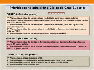 Prioridades na admisión a Ciclos de Grao Superior
1º. Alumnado con título de bacharelato da modalidade preferente, e coas materias
vinculadas. A nota media das materias vinculadas empregarase nos casos de empate da nota
media do bacharelato.
2º. Alumnado con título de bacharelato da modalidade preferente, pero sen algunha das
materias vinculadas,
3º. Alumnado con título de bacharelato sen modalidade preferente. Alumnado que superara
COU ou PREU.
4º. Alumnado con título de bacharelato unificado e polivalente (BUP).
1º. Alumnado con título de técnico de formación profesional da mesma familia profesional
que o CS que se solicita.
2º. Alumnado con título de técnico de formación profesional de diferente familia profesional
que o CS que se solicita.
1º. Alumnado con proba de acceso a CS.
2º. Alumnado con proba de acceso a universidade para maiores de 25 anos.
3º. Alumnado con título de técnico superior ou de técnico especialista.
4º. Alumnado con título universitario.
GRUPO A (70% das prazas)
GRUPO B (20% das prazas)
GRUPO C (10% das prazas)
 