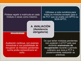 Pódese repetir a matrícula en cada
módulo 2 veces como máximo.
Utilízase a nota numérica para
todos os módulos excepto para o
de FCT que se avalía con APTO ou
NON APTO.
Avaliación continua, con exames
trimestrais e con posibilidade de
recuperar os módulos pendentes
nunha proba extraordinaria en
xuño.
Os que teñan módulos pendentes
non poderán ir á FCT polo que
recibirán ensinanzas de
recuperación durante o período
ordinario que dura a FCT e
posteriormente realizarán as
prácticas.
A AVALIACIÓN
(Asistencia
obrigatoria)
 