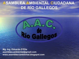 ASAMBLEA AMBIENTAL CIUDADANA
DE RÍO GALLEGOS

Mg. Ing. Eduardo D’Elía
asamblea.ambiental@gmail.com
www.asamblea-ambiental.blogspot.com

 