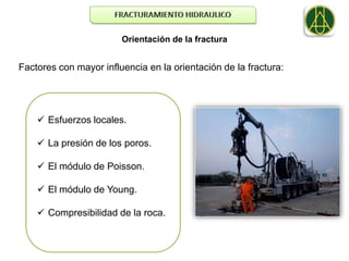 Orientación de la fractura


Factores con mayor influencia en la orientación de la fractura:




     Esfuerzos locales.

     La presión de los poros.

     El módulo de Poisson.

     El módulo de Young.

     Compresibilidad de la roca.
 