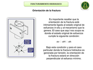 Orientación de la fractura


                Es importante resaltar que la
               orientación de la fractura está
          íntimamente ligada al estado original de
          esfuerzos in-situ y al mecanismo que la
           genera. El caso que aquí nos ocupa es
            donde el estado original de esfuerzos
               cumple la siguiente condición:

                      σv ˃ σH ˃σh

            Bajo esta condición y para el caso
         particular donde la fractura hidráulica es
         generada por tensión, la orientación de
               la fractura estará en dirección
            perpendicular al esfuerzo mínimo.
 