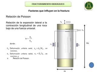 Factores que influyen en la fractura

Relación de Poisson

Relación de la expansión lateral a la
contracción longitudinal de una roca
bajo de una fuerza uniaxial.




                                                           Ho




                                                   ro
 