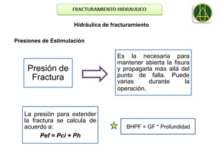 Hidráulica de fracturamiento

Presiones de Estimulación

                                     Es la necesaria para
                                     mantener abierta la fisura
    Presión de                       y propagarla más allá del
     Fractura                        punto de falla. Puede
                                     varias     durante      la
                                     operación.



   La presión para extender
   la fractura se calcula de
   acuerdo a:                           BHPF = GF * Profundidad
         Pef = Pci + Ph
 