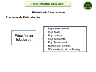Hidráulica de fracturamiento

Presiones de Estimulación



                             •   Regímenes de flujo:
                             -   Flujo Tapón.
      Fricción en            -   Flujo Laminar.
       tubulares             -   Flujo Turbulento.
                             -   Flujo Transicional.
                             •   Número de Reynolds
                             •   Número de fricción de fanning.
 