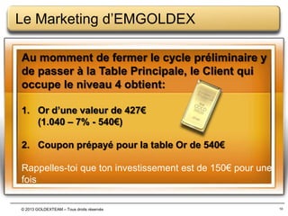Le Marketing d’EMGOLDEX
Paso de la Mesa Preliminar a la Mesa Principal
Au momment de fermer le cycle préliminaire y
Mesa Principal
de passer à la Table Principale, le Client qui
occupe le niveau 4 obtient:
1. Or d’une valeur de 427€
(1.040 – 7% - 540€)
Mesa Preliminar
D

E

F

2. Coupon prépayé pour la table Or de 540€
B

G
C

Rappelles-toi que ton investissement estAde 150€ pour une
fois
© 2013 GOLDEXTEAM – Tous droits réservés

10

 