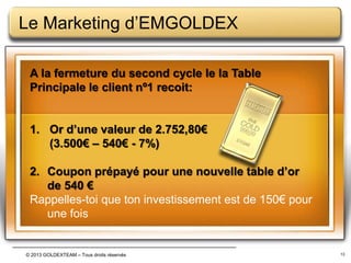 Le Marketing d’EMGOLDEX
A la fermeture du second cycle le la Table
Principale le client nº1 recoit:
1. Or d’une valeur de 2.752,80€
(3.500€ – 540€ - 7%)
2. Coupon prépayé pour une nouvelle table d’or
de 540 €
Rappelles-toi que ton investissement est de 150€ pour
une fois

© 2013 GOLDEXTEAM – Tous droits réservés

13

 