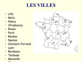 LES VILLES Lille  Metz  Nancy Strasbourg  Rouen  Paris  Rennes  Nantes  Clermont-Ferrand  Lyon  Bordeaux  Toulouse  Marseille  Nice   