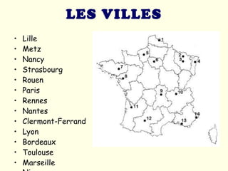 LES VILLES Lille  Metz  Nancy Strasbourg  Rouen  Paris  Rennes  Nantes  Clermont-Ferrand  Lyon  Bordeaux  Toulouse  Marseille  Nice   