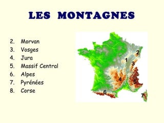 LES  MONTAGNES <ul><li>Morvan  </li></ul><ul><li>Vosges  </li></ul><ul><li>Jura  </li></ul><ul><li>Massif Central  </li></...