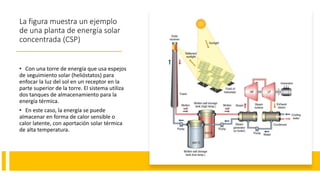 La figura muestra un ejemplo
de una planta de energía solar
concentrada (CSP)
• Con una torre de energía que usa espejos
de seguimiento solar (helióstatos) para
enfocar la luz del sol en un receptor en la
parte superior de la torre. El sistema utiliza
dos tanques de almacenamiento para la
energía térmica.
• En este caso, la energía se puede
almacenar en forma de calor sensible o
calor latente, con aportación solar térmica
de alta temperatura.
 