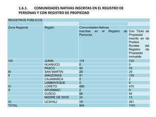 1.6.1. COMUNIDADES NATIVAS INSCRITAS EN EL REGISTRO DE
PERSONAS Y CON REGISTRO DE PROPIEDAD
REGISTROS PÚBLICOS
Zona Registral Región Comunidades Nativas
Inscritas en el Registro de
Personas
Con Título de
Propiedad
Inscrito en de
Predios
Rurales del
Registro de
Propiedad
Inmueble
VIII JUNIN 118 133
HUANUCO 0 0
PASCO 40 74
III SAN MARTIN 29 29
II AMAZONAS 91 135
CAJAMARCA 2 2
LAMBAYEQUE 0 0
IV LORETO 485 470
X APURIMAC 0 0
CUSCO 56 64
MADRE DE DIOS 24 13
VI UCAYALI 19 261
TOTAL 864 1181
 