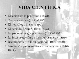 VIDA CIENTÍFICAElección de la profesión (1873).Carrera médica (1881-1885).El neurólogo (1883-1897).El periodo Breuer (1882-1895).La psicopatología primitiva (1890-1897).La interpretación de los sueños (1895-1899).Reconocimiento internacional (1906-1909).Asociación psicoanalítica internacional (1910-1914).