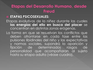  ETAPAS PSICOSEXUALES:
Etapas evolutivas de la niñez durante las cuales
las energías del ello en busca del placer se
concentran en distintas zonas erógenas.
La forma en que se resuelvan los conflictos que
deben afrontarse en cada fase entre las
pulsiones libidinales del niño y las expectativas
y normas sociales, supondrá la aparición y
fijación de determinados rasgos de
personalidad que acompañaran al sujeto
hasta su etapa adulta (véase cuadro).
 