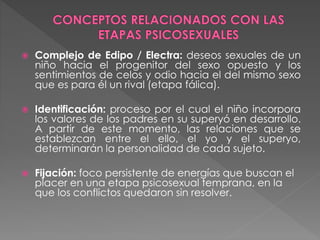  Complejo de Edipo / Electra: deseos sexuales de un
niño hacia el progenitor del sexo opuesto y los
sentimientos de celos y odio hacia el del mismo sexo
que es para él un rival (etapa fálica).
 Identificación: proceso por el cual el niño incorpora
los valores de los padres en su superyó en desarrollo.
A partir de este momento, las relaciones que se
establezcan entre el ello, el yo y el superyo,
determinarán la personalidad de cada sujeto.
 Fijación: foco persistente de energías que buscan el
placer en una etapa psicosexual temprana, en la
que los conflictos quedaron sin resolver.
 
