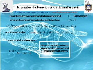 Ejemplos de Funciones de Transferencia
          2b.- Sistema masa amortiguador resorte con desplazamiento inicial
   C ns é s a raq e teun d s la m nto inic l
    o id re e ho ue xis   e p za ie       ia                           y0 . Entonce pa
                                                                                   s ra
       c ns rva lac nd ió unae d unas lid s ha e
        o e r      o ic n     ntra a a ae c                            r (t ) = 0

   (                               ) (                     )
M s 2Y ( s ) − sy (0 + ) − y ' (0 + ) + b sY ( s ) − y (0 + ) + KY ( s ) = R( s )

c nd io sinic le
 o ic ne     ia s                  r (t ) = 0, y ' (0+ ) = 0, y (0+ ) = y0 ,

 Lafunc n d tra fe nc e :
       ió e ns re ia s

                                        Aho e d s la m nto s lo
                                            ra l e p za ie   o
              y0 ( Ms + b)              d p nd d lap s ió inic l
                                         e e e e o ic n       ia
   Y (s) =                              y lo p rá e sd l s te a
                                            s a m tro e is m .
             Ms 2 + bs + K
 