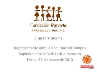 El arte transforma

Representante ante la Red: Marisol Campos
  Suplente ante la Red: Leticia Mancera
       Fecha: 13 de marzo de 2013
 
