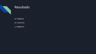 Resultado
H=1000010
O= 0101010
L=10000101
 