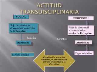 Flujo de orientación atravesando los niveles de la  Realidad Flujo de conciencia atravesando los niveles de  Percepción Garantiza Garantiza Efectividad Espacio exterior Espacio interior Afectividad 