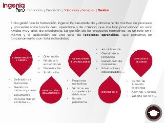 • Definición de
Protocolos
• Gestión de
alumnos y cursos
• Seguimiento
• Documentación
e Informes …
• Orientación
• Prácticas y
evaluaciones
• Dinamización
• Satisfacción …
• Programas
específicos
• Técnicas en
competencias
didácticas
• Uso de
plataforma …
• Administración
• Gestión de la
formación
• Generación de
contenidos
• Tutorizaciones
especializadas …
En la gestión de la formación, Ingenia ha desarrollado y almacenado multitud de procesos
y procedimientos funcionales, operativos y de calidad, que nos han posicionado en unos
niveles muy altos de excelencia. La gestión de los proyectos formativos, es un reto en sí
misma y la aplicación de una serie de lecciones aprendidas, que ponemos en
funcionamiento con total naturalidad.
• Centro de
Atención
Telefónica
• Alumnos y Tutores
• Soporte Técnico …
Formación y Desarrollo | Soluciones y Servicios | Gestión
ADMINISTRACIÓN
Y GESTIÓN
TUTORIZACIÓN Y
DINAMIZACIÓN
FORMACIÓN DE
TELEFORMADORES
OUTSOURCING
ATENCIÓN A
USUARIOS
 