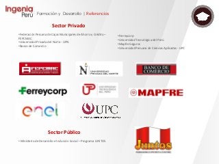 Formación y Desarrollo | Referencias
Sector Privado
•Federación Peruana de Cajas Municipales de Ahorro y Crédito –
FEPCMAC
•Universidad Privada del Norte - UPN
•Banco de Comercio
•Ferreycorp
•Universidad Tecnológica del Perú
•Mapfre Seguros
•Universidad Peruana de Ciencias Aplicadas - UPC
Sector Público
• Ministerio de Desarrollo e Inclusión Social – Programa JUNTOS
 