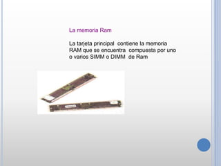 La memoria Ram
La tarjeta principal contiene la memoria
RAM que se encuentra compuesta por uno
o varios SIMM o DIMM de Ram
 
