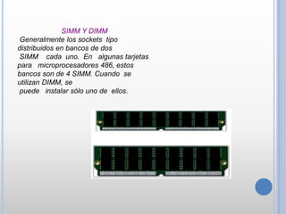 SIMM Y DIMM
Generalmente los sockets tipo
distribuidos en bancos de dos
SIMM cada uno. En algunas tarjetas
para microprocesadores 486, estos
bancos son de 4 SIMM. Cuando se
utilizan DIMM, se
puede instalar sólo uno de ellos.
 