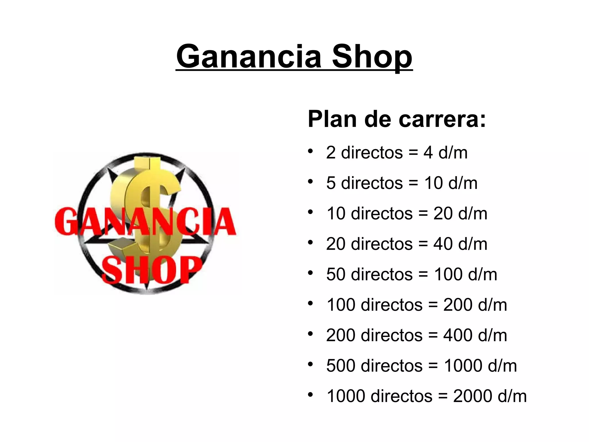Ganancia Shop
Plan de carrera:


2 directos = 4 d/m



5 directos = 10 d/m



10 directos = 20 d/m



20 directos = 40 d/m



50 directos = 100 d/m



100 directos = 200 d/m



200 directos = 400 d/m



500 directos = 1000 d/m



1000 directos = 2000 d/m

 