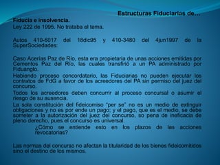 Estructuras Fiduciarias de… 
Fiduciaeinsolvencia. 
Ley222de1995.Notratabaeltema. 
Autos410-6017del18dic95y410-3480del4jun1997delaSuperSociedades: 
CasoAceríasPazdeRío,estaerapropietariadeunasaccionesemitidasporCementosPazdelRío,lascualestransfirióaunPAadministradoporFiduanglo. 
Habiendoprocesoconcordatario,lasFiduciariasnopuedenejecutarloscontratosdeFdGafavordelosacreedoresdelPAsinpermisodeljuezdelconcurso. 
Todoslosacreedoresdebenconcurriralprocesoconcursaloasumirelriesgodesuausencia. 
Lasolaconstitucióndelfideicomiso“perse”noesunmediodeextinguirobligacionesynoesporendeunpago;yelpago,queeselmedio,sedebesometeralaautorizacióndeljuezdelconcurso,sopenadeineficaciadeplenoderecho,pueselconcursoesuniversal. 
¿Cómoseentiendeestoenlosplazosdelasaccionesrevocatorias? 
Lasnormasdelconcursonoafectanlatitularidaddelosbienesfideicomitidossinoeldestinodelosmismos.  