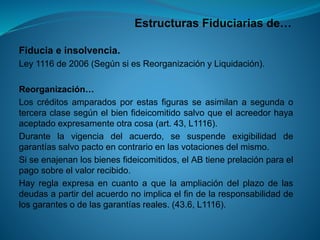 Estructuras Fiduciarias de… 
Fiduciaeinsolvencia. 
Ley1116de2006(SegúnsiesReorganizaciónyLiquidación). 
Reorganización… 
Loscréditosamparadosporestasfigurasseasimilanasegundaoterceraclasesegúnelbienfideicomitidosalvoqueelacreedorhayaaceptadoexpresamenteotracosa(art.43,L1116). 
Durantelavigenciadelacuerdo,sesuspendeexigibilidaddegarantíassalvopactoencontrarioenlasvotacionesdelmismo. 
Siseenajenanlosbienesfideicomitidos,elABtieneprelaciónparaelpagosobreelvalorrecibido. 
Hayreglaexpresaencuantoaquelaampliacióndelplazodelasdeudasapartirdelacuerdonoimplicaelfindelaresponsabilidaddelosgarantesodelasgarantíasreales.(43.6,L1116).  