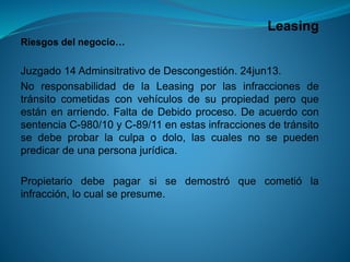 Leasing 
Riesgosdelnegocio… 
Juzgado14AdminsitrativodeDescongestión.24jun13. 
NoresponsabilidaddelaLeasingporlasinfraccionesdetránsitocometidasconvehículosdesupropiedadperoqueestánenarriendo.FaltadeDebidoproceso.DeacuerdoconsentenciaC-980/10yC-89/11enestasinfraccionesdetránsitosedebeprobarlaculpaodolo,lascualesnosepuedenpredicardeunapersonajurídica. 
Propietariodebepagarsisedemostróquecometiólainfracción,locualsepresume.  